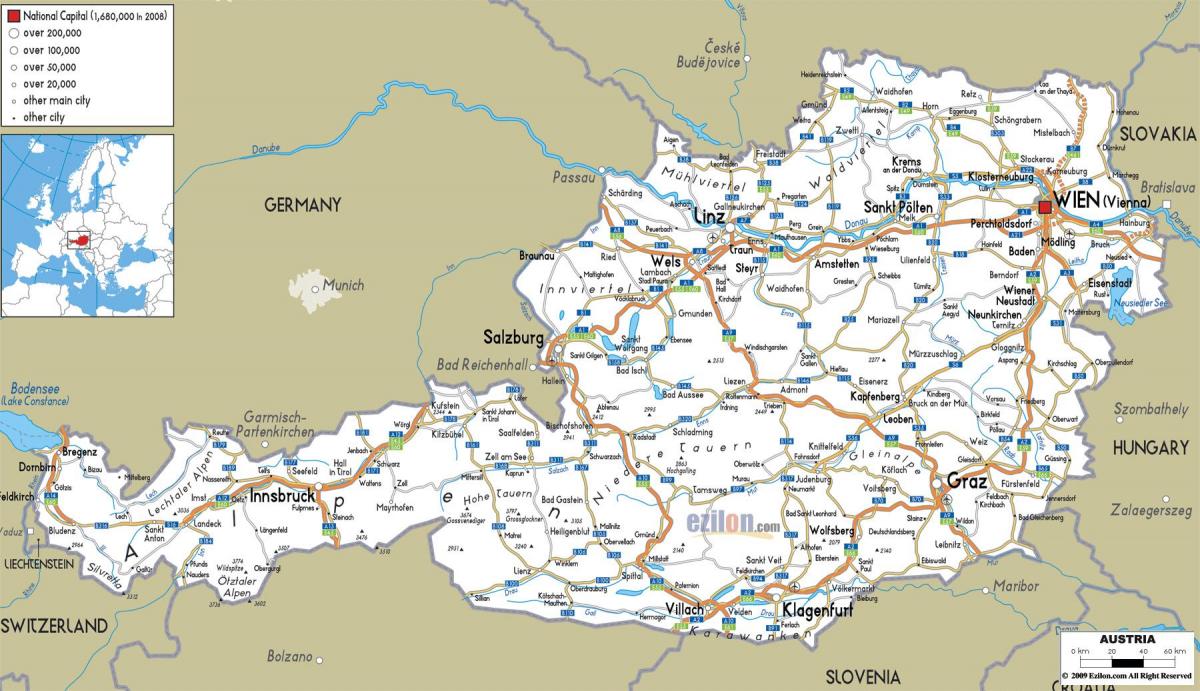نقشه دقیق از اتریش با شهرستانها